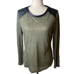 Townsen linen & leather trim size M green top quiet luxury resort travel